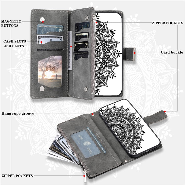 Style 006 For Xiaomi Poco C75 4G / Redmi 14R 5G / 14C 4G Case Mandala Flower Pattern PU Leather Zipper Wallet Phone Cover - Grey