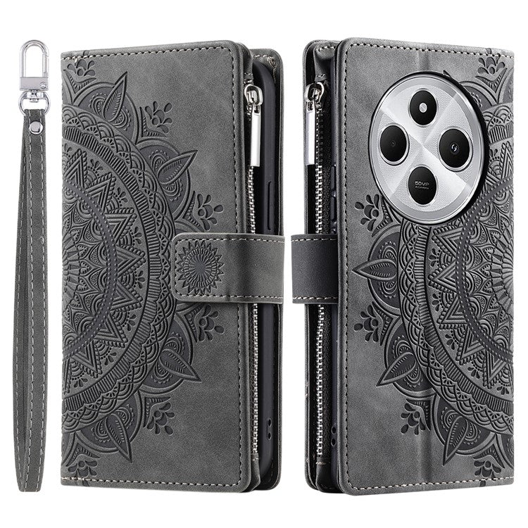 Style 006 For Xiaomi Poco C75 4G / Redmi 14R 5G / 14C 4G Case Mandala Flower Pattern PU Leather Zipper Wallet Phone Cover - Grey