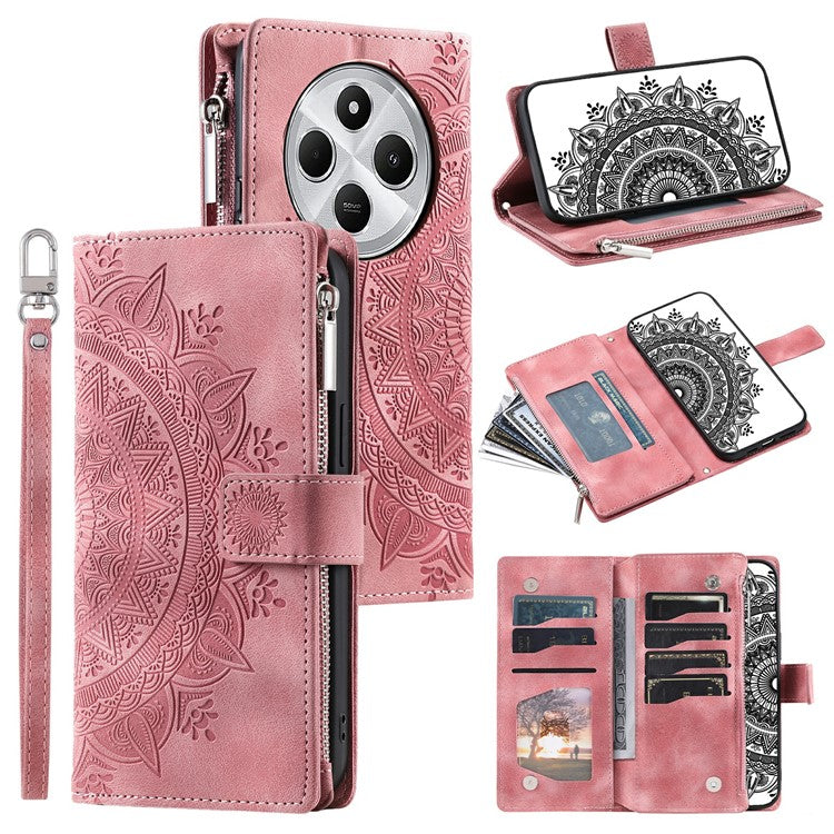 Style 006 For Xiaomi Poco C75 4G / Redmi 14R 5G / 14C 4G Case Mandala Flower Pattern PU Leather Zipper Wallet Phone Cover - Rose Gold