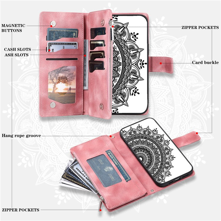 Style 006 For Xiaomi Poco C75 4G / Redmi 14R 5G / 14C 4G Case Mandala Flower Pattern PU Leather Zipper Wallet Phone Cover - Rose Gold