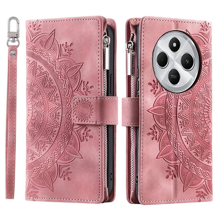 Style 006 For Xiaomi Poco C75 4G / Redmi 14R 5G / 14C 4G Case Mandala Flower Pattern PU Leather Zipper Wallet Phone Cover - Rose Gold