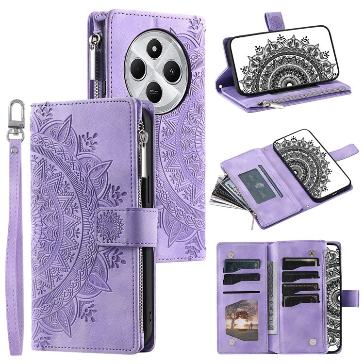 Style 006 For Xiaomi Poco C75 4G / Redmi 14R 5G / 14C 4G Case Mandala Flower Pattern PU Leather Zipper Wallet Phone Cover - Purple