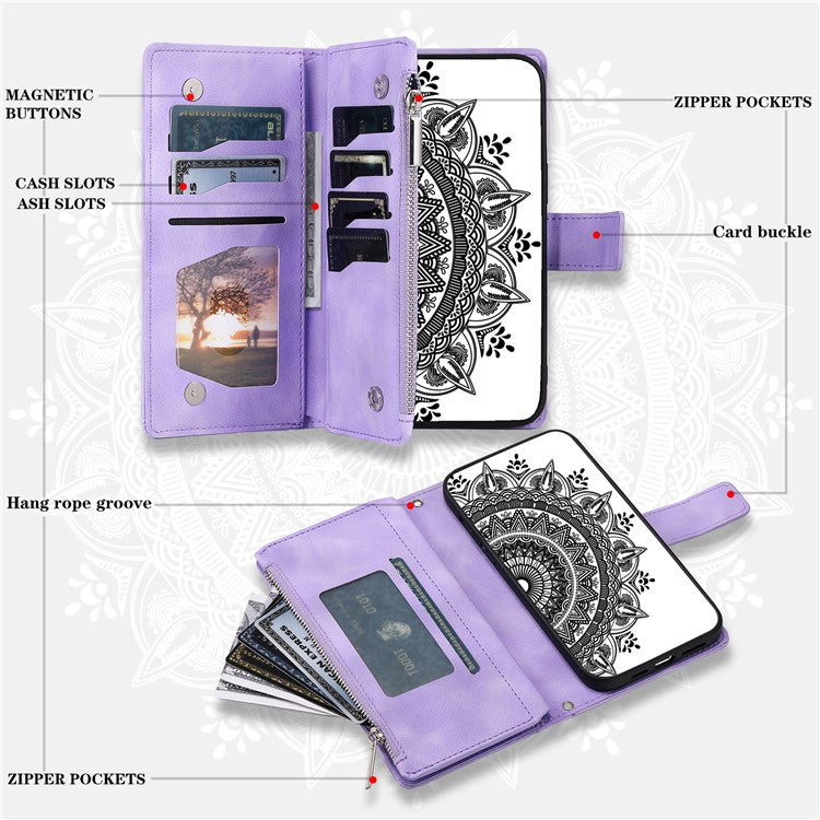 Style 006 For Xiaomi Poco C75 4G / Redmi 14R 5G / 14C 4G Case Mandala Flower Pattern PU Leather Zipper Wallet Phone Cover - Purple