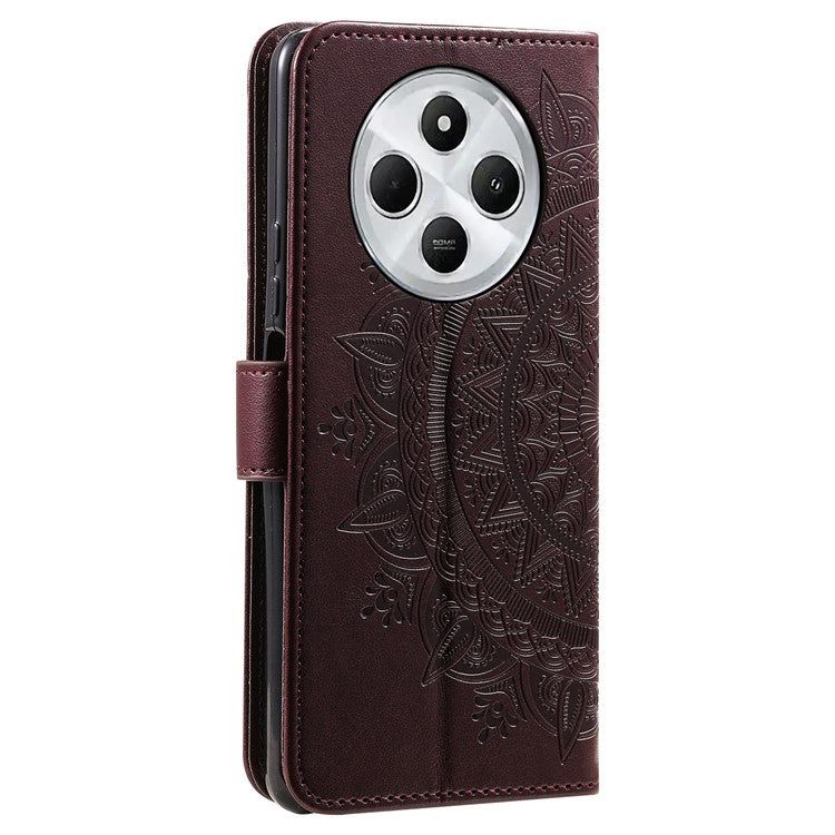 For Xiaomi Redmi 14C 4G Stand Case Imprinted Totem PU Leather Wallet Phone Cover - Brown