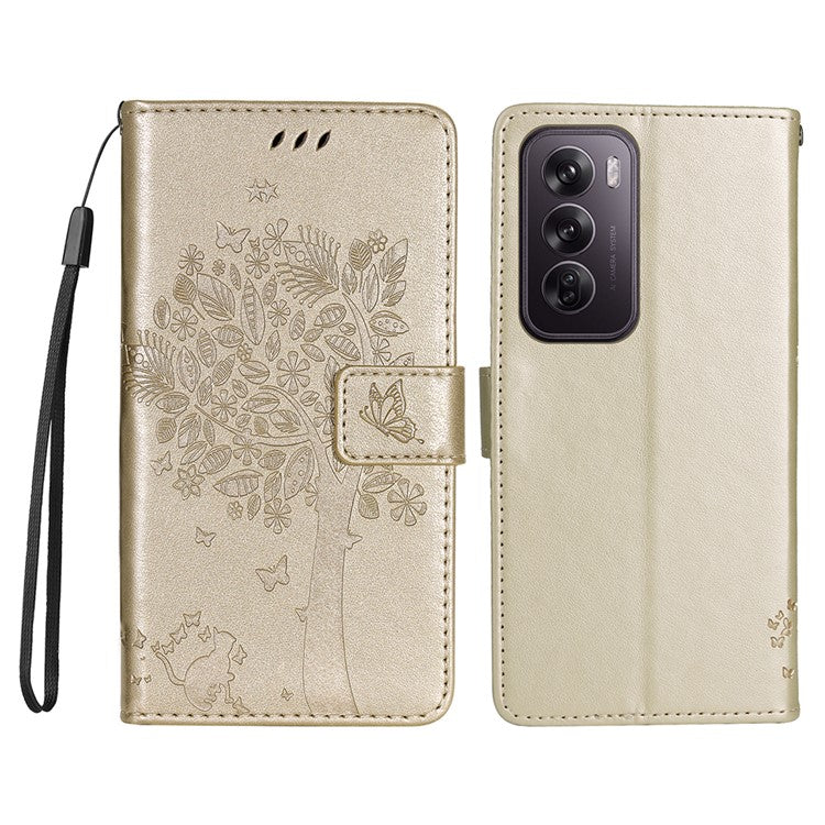 KT Imprinting Flower Series-3 For Oppo Reno12 Pro 5G (Global) / (China) Case Imprinted Leather Wallet Stand Phone Cover - Gold