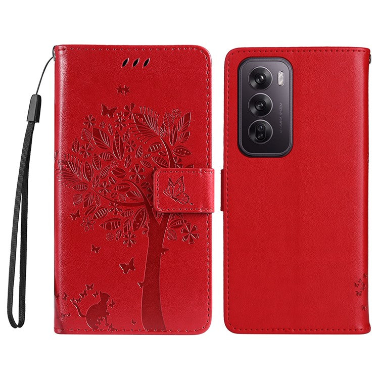 KT Imprinting Flower Series-3 For Oppo Reno12 Pro 5G (Global) / (China) Case Imprinted Leather Wallet Stand Phone Cover - Red