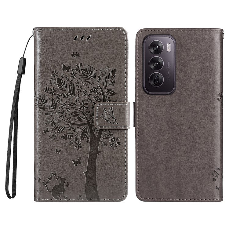 KT Imprinting Flower Series-3 For Oppo Reno12 Pro 5G (Global) / (China) Case Imprinted Leather Wallet Stand Phone Cover - Grey