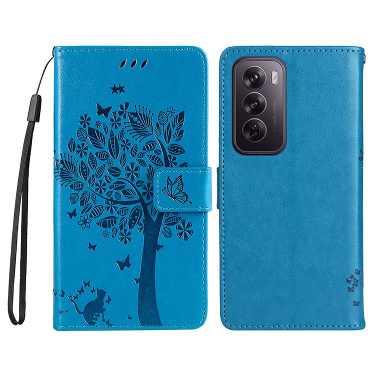 KT Imprinting Flower Series-3 For Oppo Reno12 Pro 5G (Global) / (China) Case Imprinted Leather Wallet Stand Phone Cover - Blue