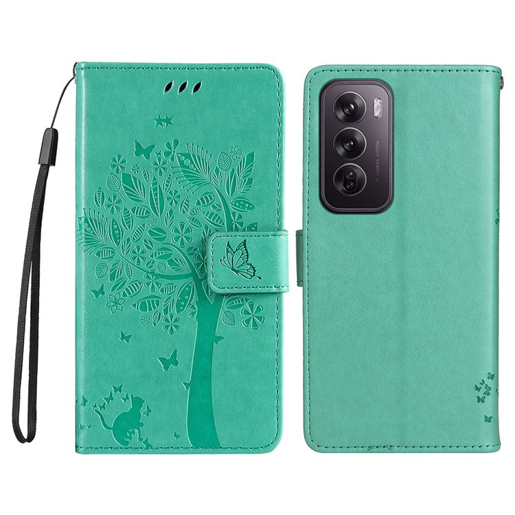 KT Imprinting Flower Series-3 For Oppo Reno12 Pro 5G (Global) / (China) Case Imprinted Leather Wallet Stand Phone Cover - Green