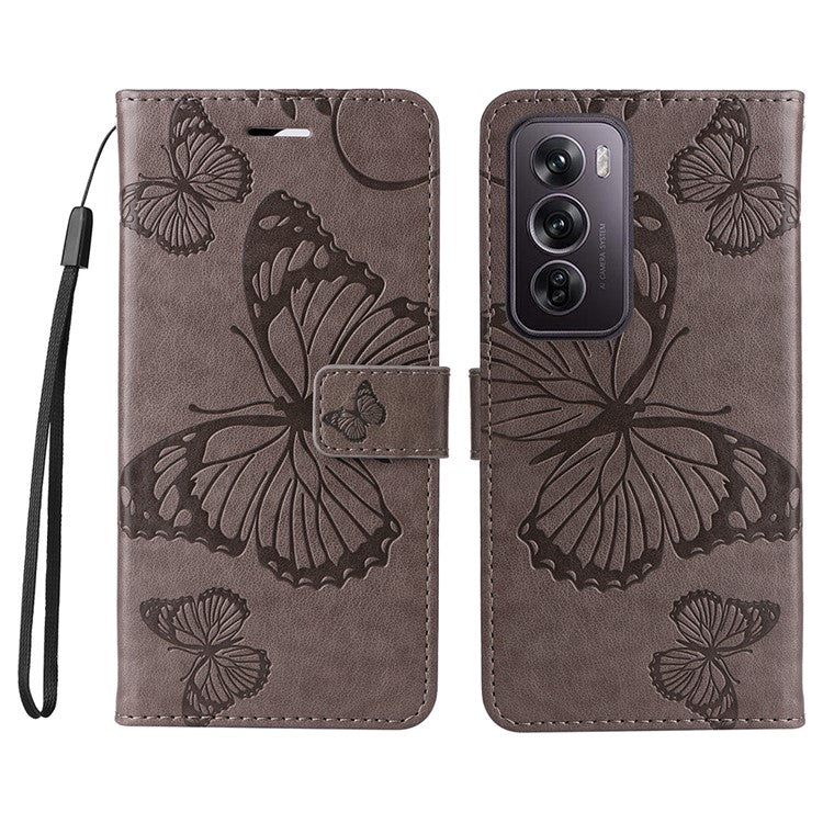 KT Imprinting Flower Series-2 For Oppo Reno12 Pro 5G (Global) / (China) Case Leather Wallet Butterfly Imprint Phone Cover - Grey