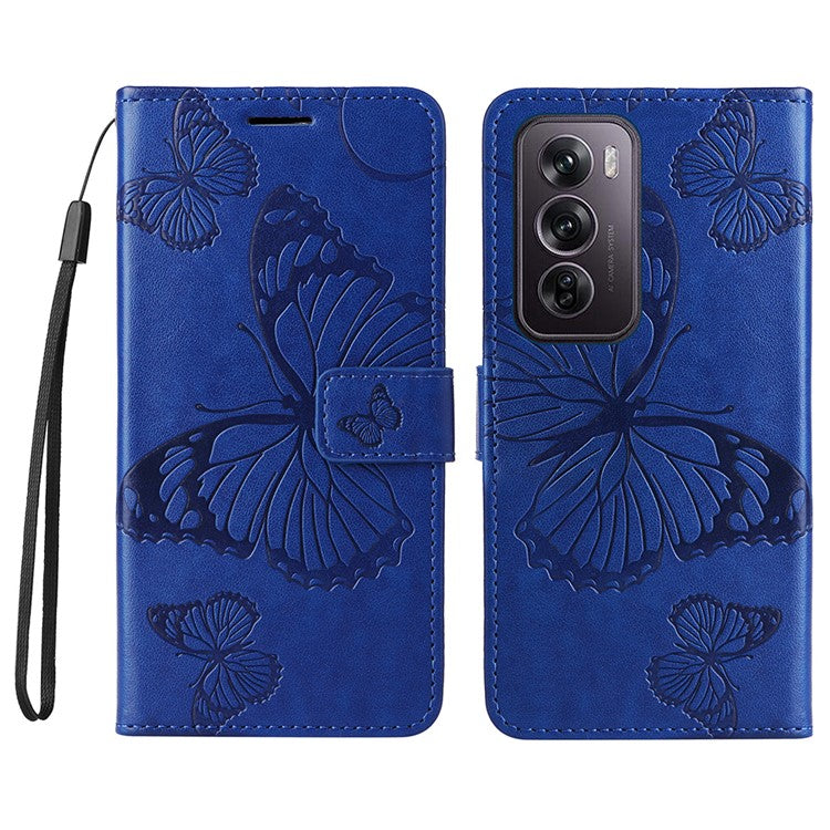 KT Imprinting Flower Series-2 For Oppo Reno12 Pro 5G (Global) / (China) Case Leather Wallet Butterfly Imprint Phone Cover - Blue