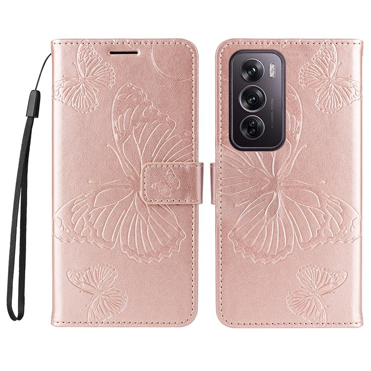 KT Imprinting Flower Series-2 For Oppo Reno12 Pro 5G (Global) / (China) Case Leather Wallet Butterfly Imprint Phone Cover - Rose Gold