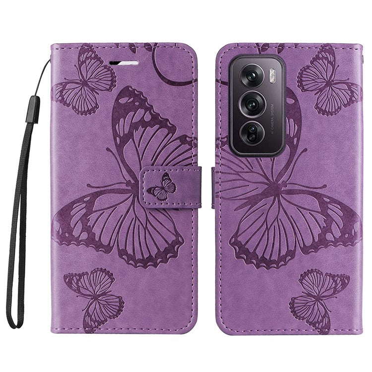 KT Imprinting Flower Series-2 For Oppo Reno12 Pro 5G (Global) / (China) Case Leather Wallet Butterfly Imprint Phone Cover - Light Purple