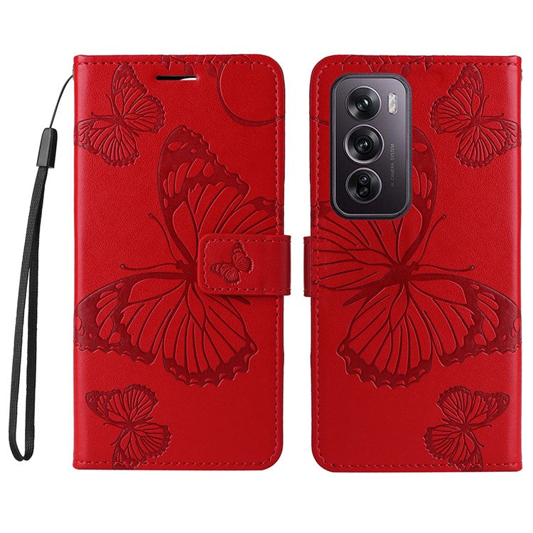 KT Imprinting Flower Series-2 For Oppo Reno12 Pro 5G (Global) / (China) Case Leather Wallet Butterfly Imprint Phone Cover - Red