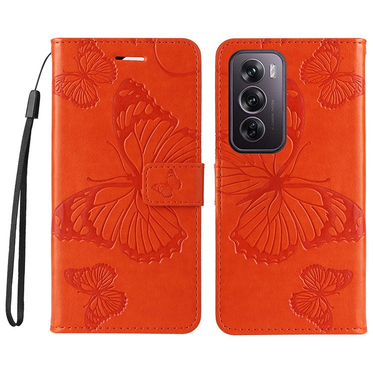 KT Imprinting Flower Series-2 For Oppo Reno12 Pro 5G (Global) / (China) Case Leather Wallet Butterfly Imprint Phone Cover - Orange