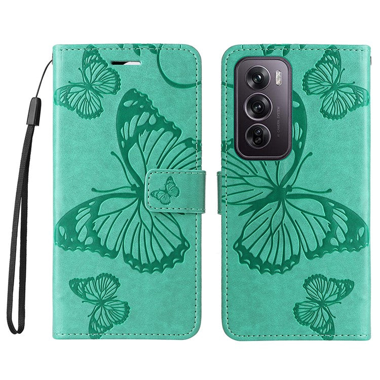 KT Imprinting Flower Series-2 For Oppo Reno12 Pro 5G (Global) / (China) Case Leather Wallet Butterfly Imprint Phone Cover - Green