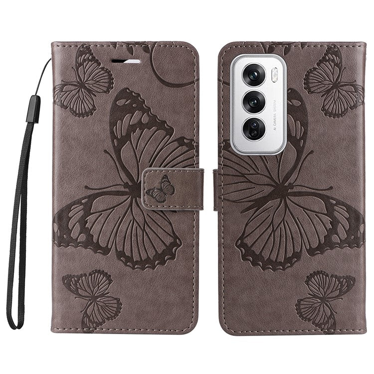 KT Imprinting Flower Series-2 For Oppo Reno12 5G (Global) Phone Case Butterfly Imprint Leather Wallet Cover - Grey