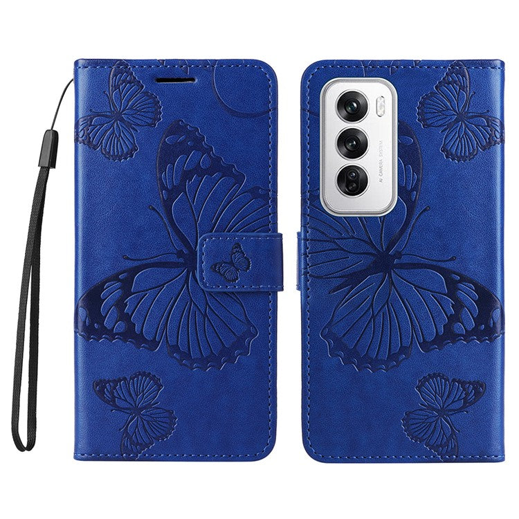 KT Imprinting Flower Series-2 For Oppo Reno12 5G (Global) Phone Case Butterfly Imprint Leather Wallet Cover - Blue