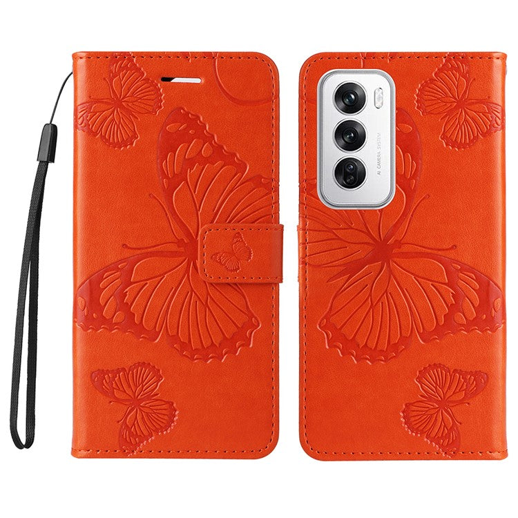 KT Imprinting Flower Series-2 For Oppo Reno12 5G (Global) Phone Case Butterfly Imprint Leather Wallet Cover - Orange