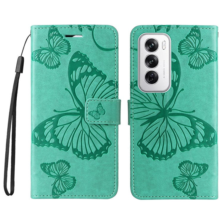 KT Imprinting Flower Series-2 For Oppo Reno12 5G (Global) Phone Case Butterfly Imprint Leather Wallet Cover - Green