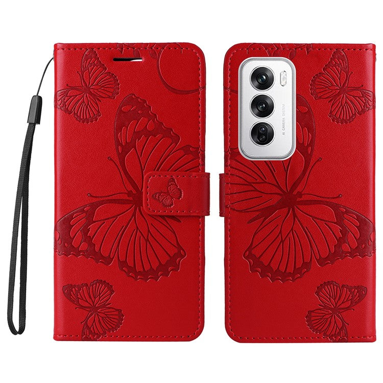 KT Imprinting Flower Series-2 For Oppo Reno12 5G (Global) Phone Case Butterfly Imprint Leather Wallet Cover - Red