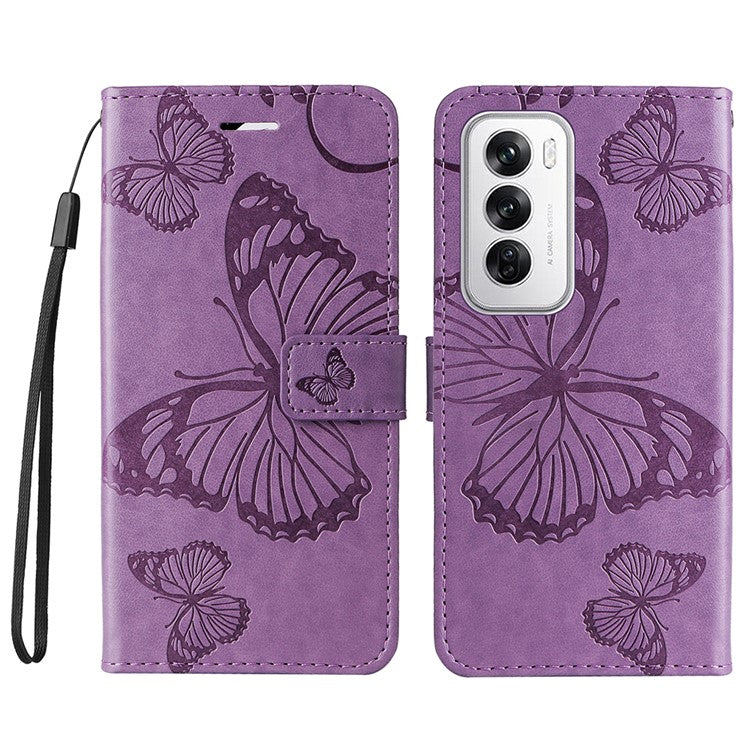 KT Imprinting Flower Series-2 For Oppo Reno12 5G (Global) Phone Case Butterfly Imprint Leather Wallet Cover - Light Purple