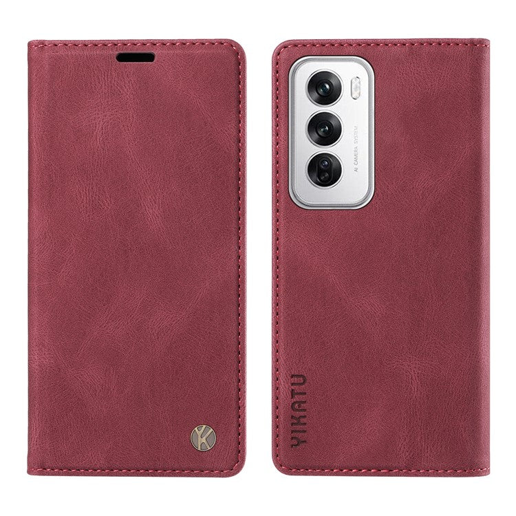 YIKATU YK-004 For Oppo Reno12 5G (Global) Wallet Case Skin-Touch Leather Phone Cover - Wine Red