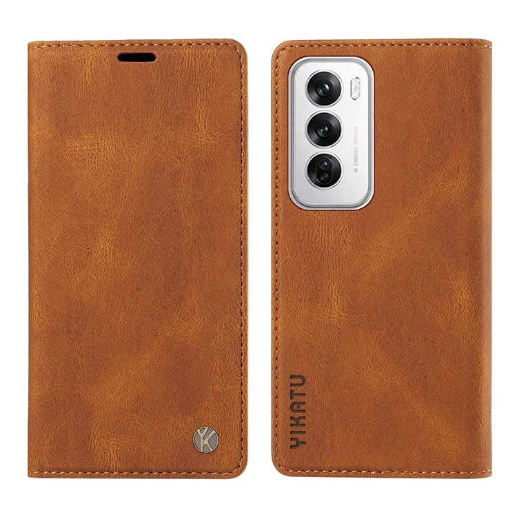 YIKATU YK-004 For Oppo Reno12 5G (Global) Wallet Case Skin-Touch Leather Phone Cover - Brown