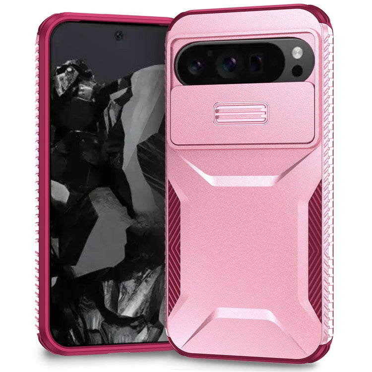 For Google Pixel 9 Pro XL Case TPU+PC Non-Slip Side Edge Phone Cover with Lens Lid - Pink / Wine Red