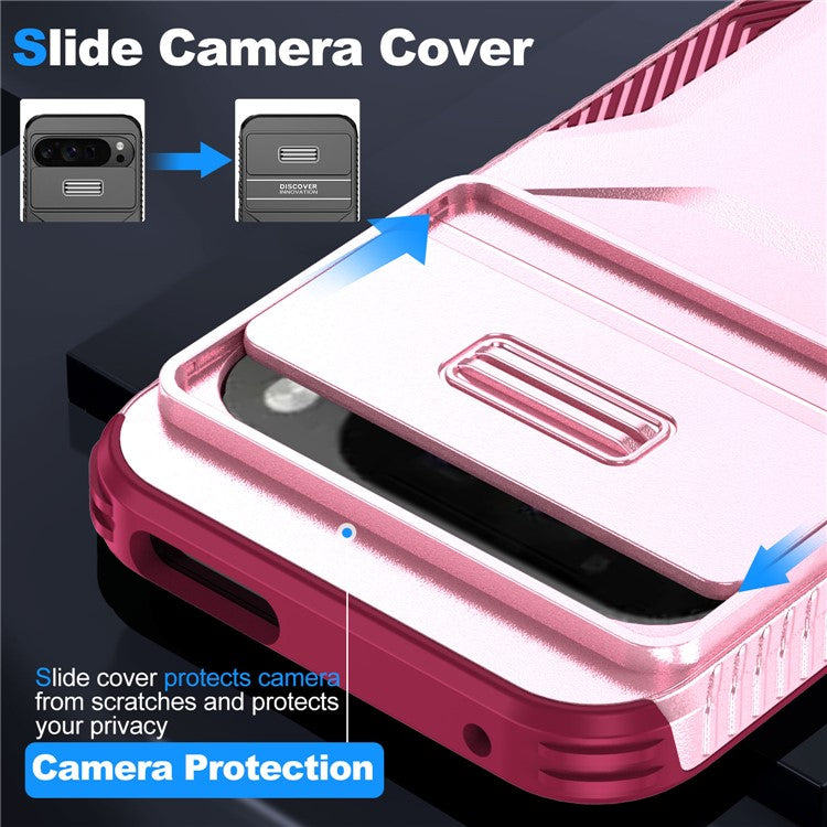 For Google Pixel 9 Pro XL Case TPU+PC Non-Slip Side Edge Phone Cover with Lens Lid - Pink / Wine Red