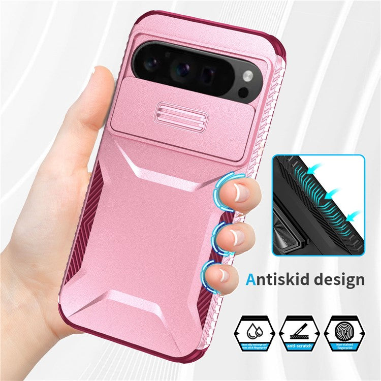 For Google Pixel 9 Pro XL Case TPU+PC Non-Slip Side Edge Phone Cover with Lens Lid - Pink / Wine Red