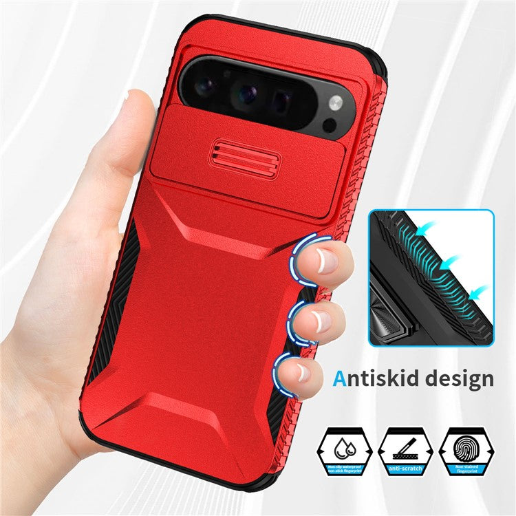 For Google Pixel 9 Pro XL Case TPU+PC Non-Slip Side Edge Phone Cover with Lens Lid - Red