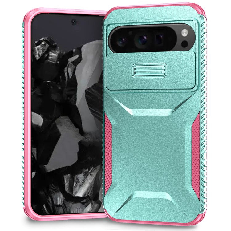 For Google Pixel 9 Pro XL Case TPU+PC Non-Slip Side Edge Phone Cover with Lens Lid - Grey Green / Pink