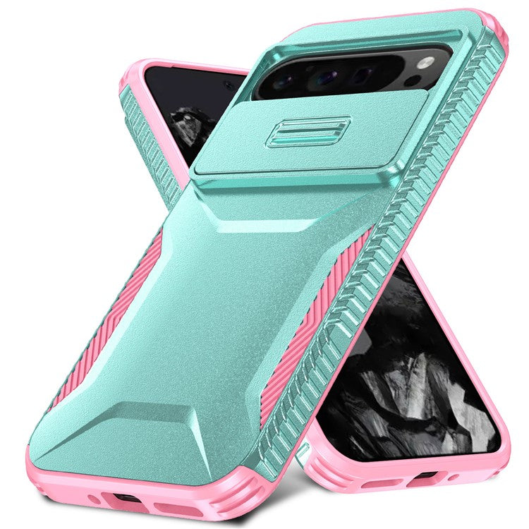 For Google Pixel 9 Pro XL Case TPU+PC Non-Slip Side Edge Phone Cover with Lens Lid - Grey Green / Pink