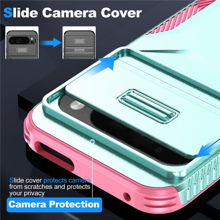 For Google Pixel 9 Pro XL Case TPU+PC Non-Slip Side Edge Phone Cover with Lens Lid - Grey Green / Pink