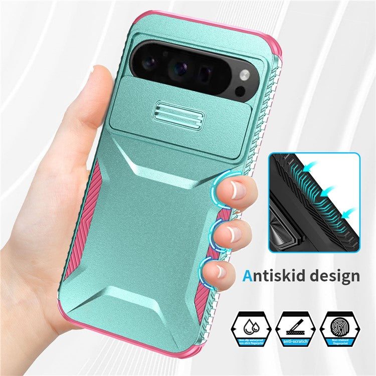 For Google Pixel 9 Pro XL Case TPU+PC Non-Slip Side Edge Phone Cover with Lens Lid - Grey Green / Pink