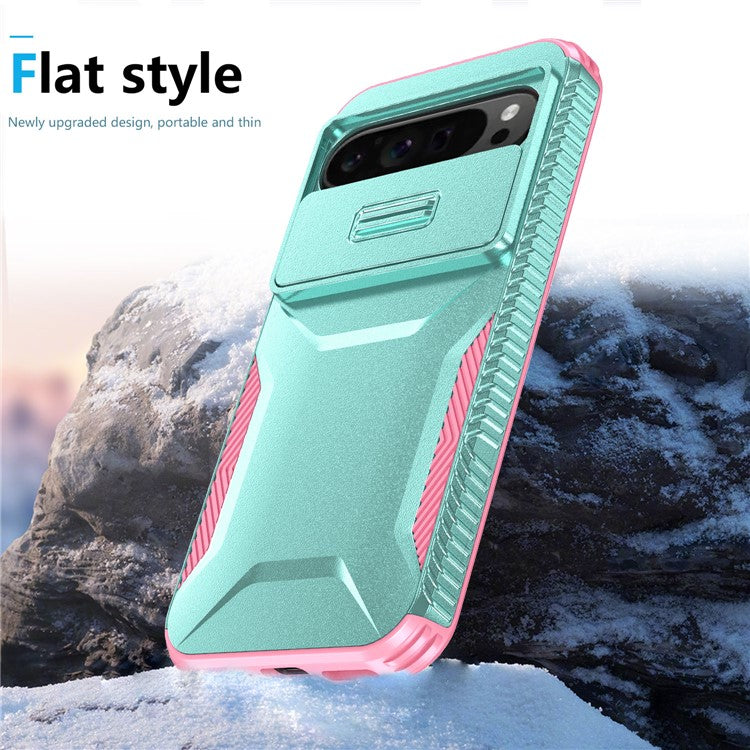 For Google Pixel 9 Pro XL Case TPU+PC Non-Slip Side Edge Phone Cover with Lens Lid - Grey Green / Pink