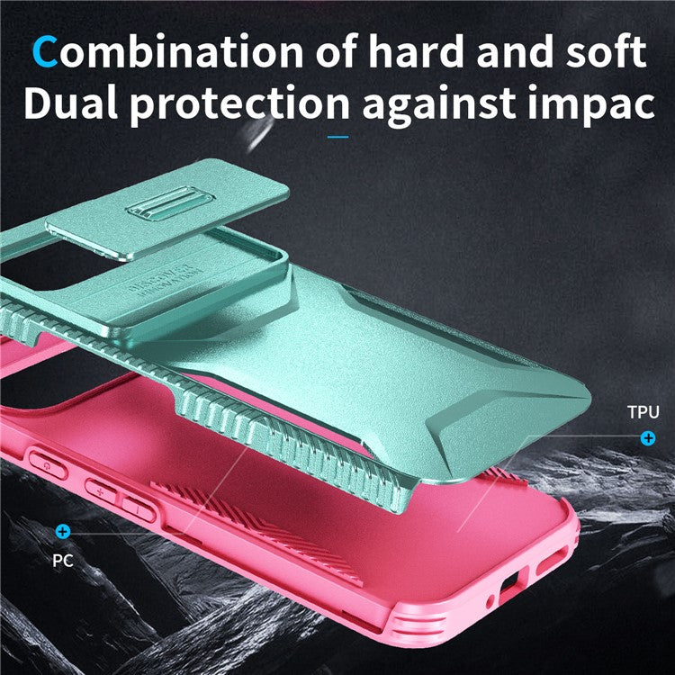 For Google Pixel 9 Pro XL Case TPU+PC Non-Slip Side Edge Phone Cover with Lens Lid - Grey Green / Pink