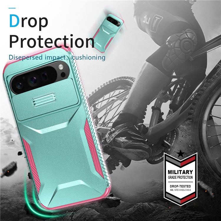 For Google Pixel 9 Pro XL Case TPU+PC Non-Slip Side Edge Phone Cover with Lens Lid - Grey Green / Pink