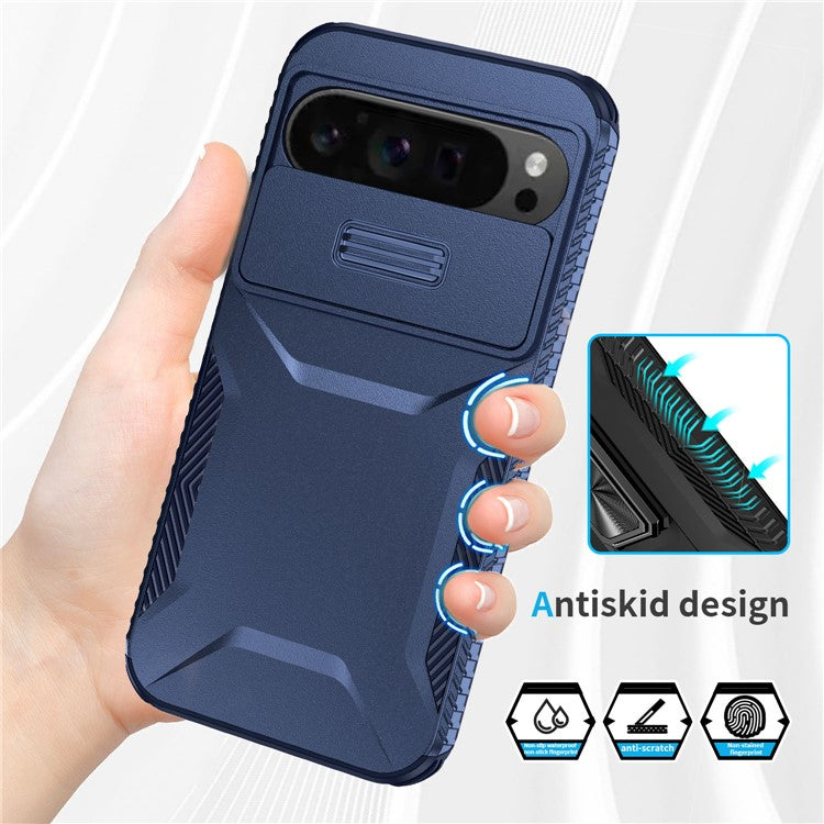 For Google Pixel 9 Pro XL Case TPU+PC Non-Slip Side Edge Phone Cover with Lens Lid - Blue