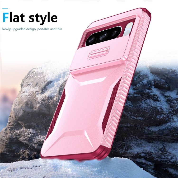 For Google Pixel 8 Pro Phone Case TPU+PC Non-Slip Side Edge Phone Cover with Lens Lid - Pink / Wine Red