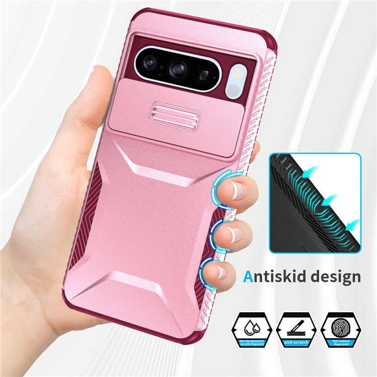 For Google Pixel 8 Pro Phone Case TPU+PC Non-Slip Side Edge Phone Cover with Lens Lid - Pink / Wine Red