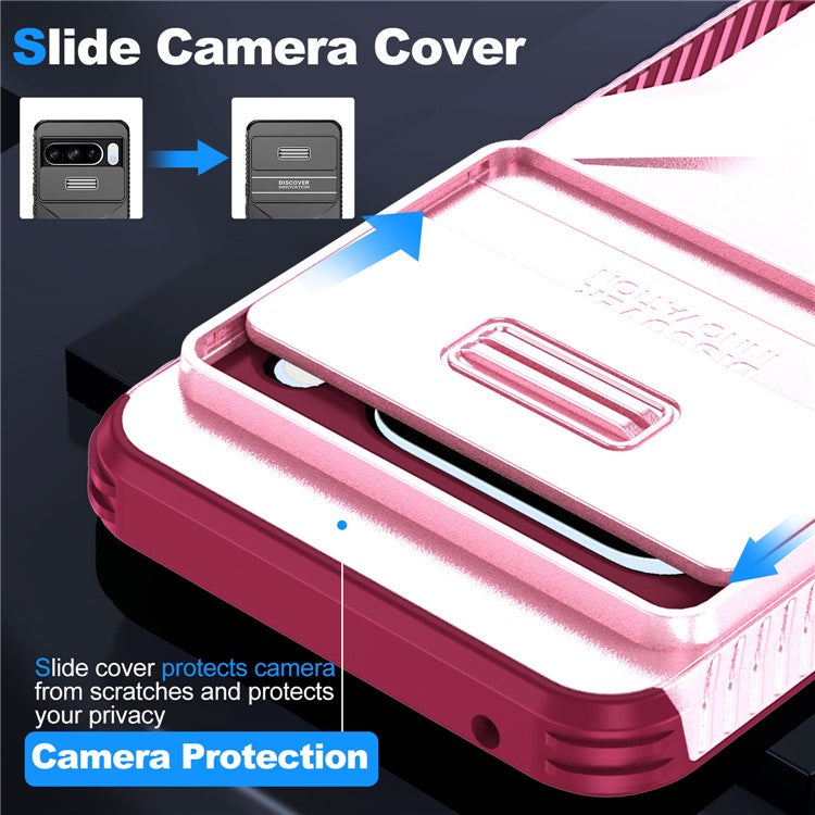 For Google Pixel 8 Pro Phone Case TPU+PC Non-Slip Side Edge Phone Cover with Lens Lid - Pink / Wine Red