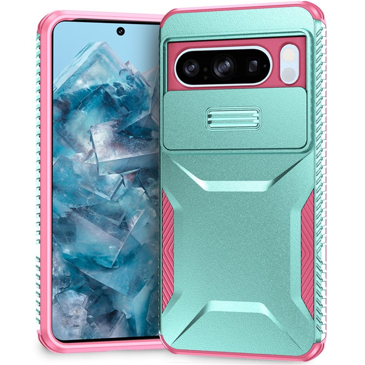 For Google Pixel 8 Pro Phone Case TPU+PC Non-Slip Side Edge Phone Cover with Lens Lid - Grey Green / Pink