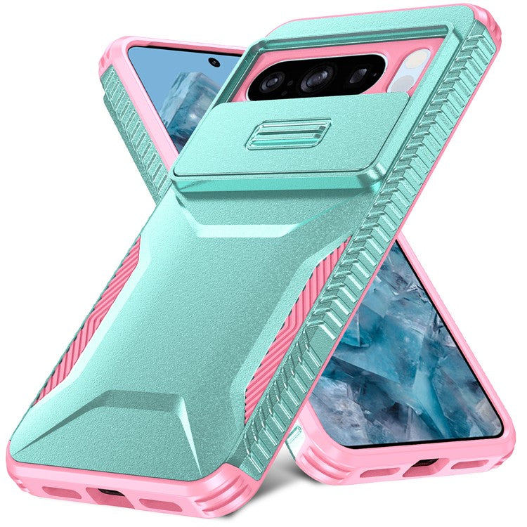 For Google Pixel 8 Pro Phone Case TPU+PC Non-Slip Side Edge Phone Cover with Lens Lid - Grey Green / Pink