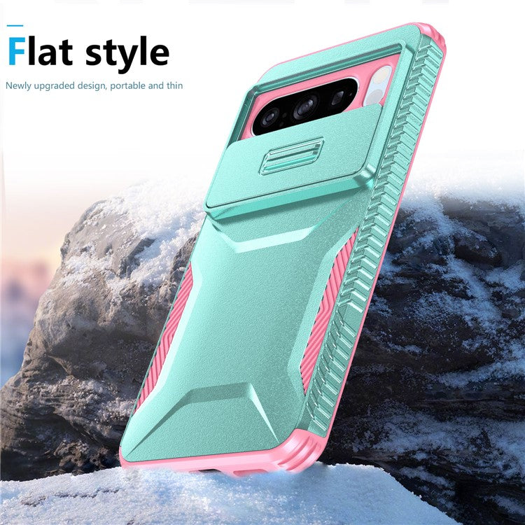 For Google Pixel 8 Pro Phone Case TPU+PC Non-Slip Side Edge Phone Cover with Lens Lid - Grey Green / Pink