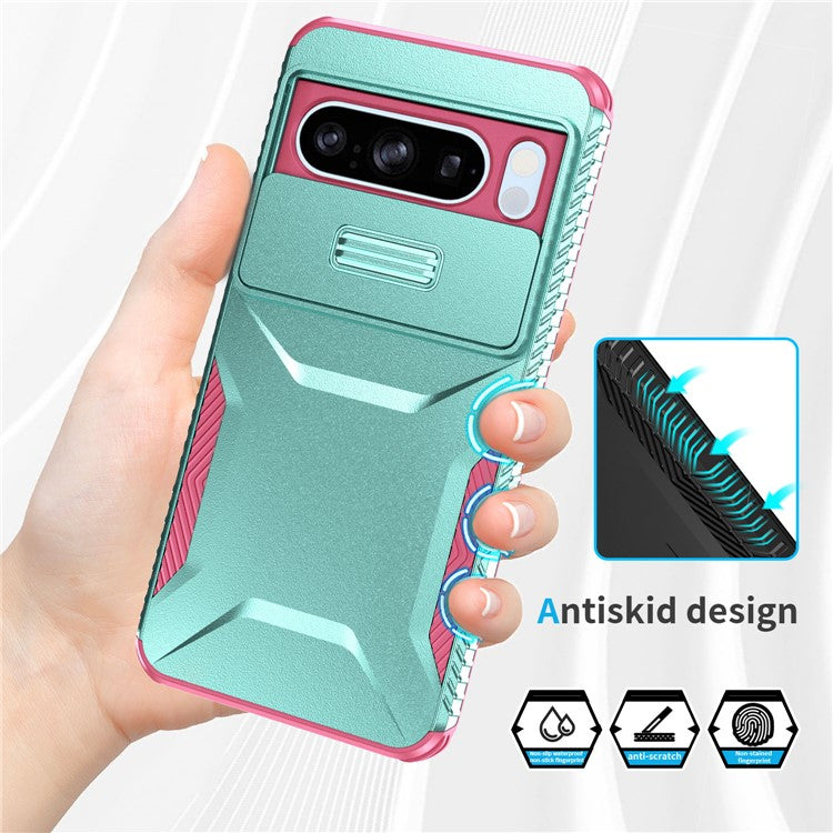 For Google Pixel 8 Pro Phone Case TPU+PC Non-Slip Side Edge Phone Cover with Lens Lid - Grey Green / Pink