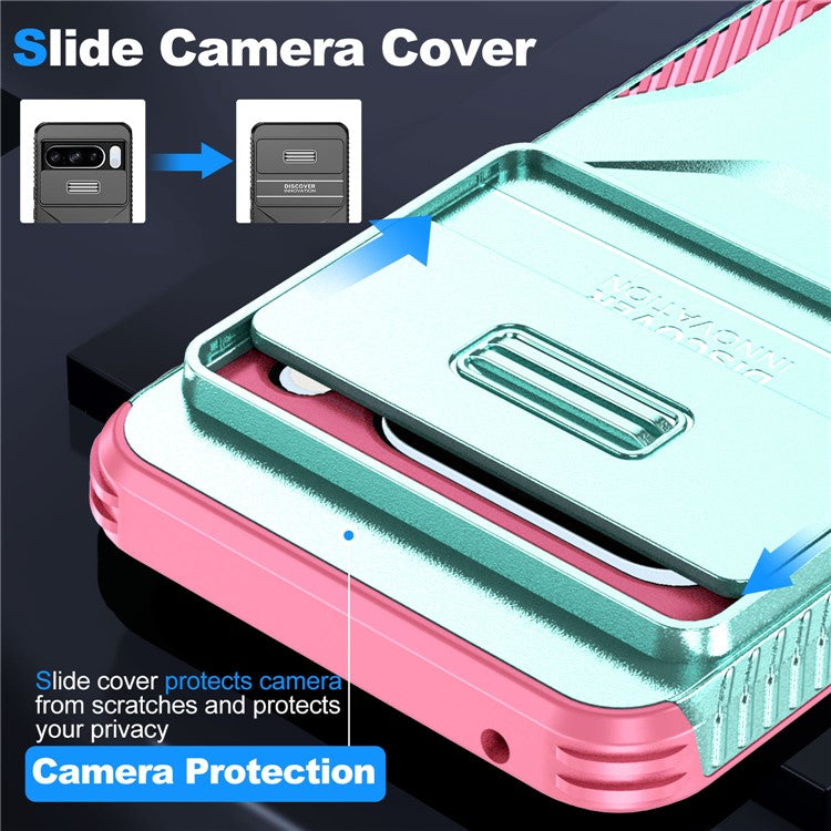 For Google Pixel 8 Pro Phone Case TPU+PC Non-Slip Side Edge Phone Cover with Lens Lid - Grey Green / Pink