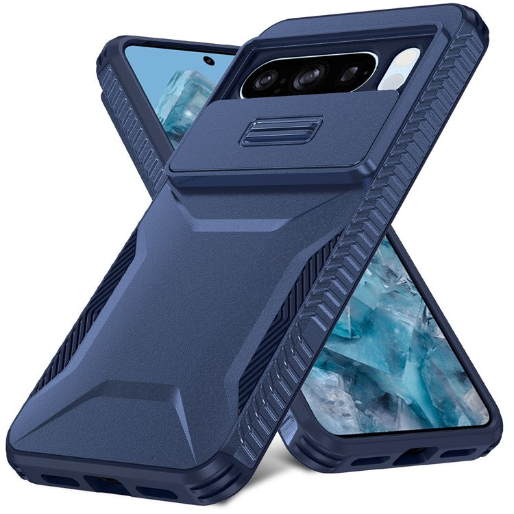 For Google Pixel 8 Pro Phone Case TPU+PC Non-Slip Side Edge Phone Cover with Lens Lid - Blue