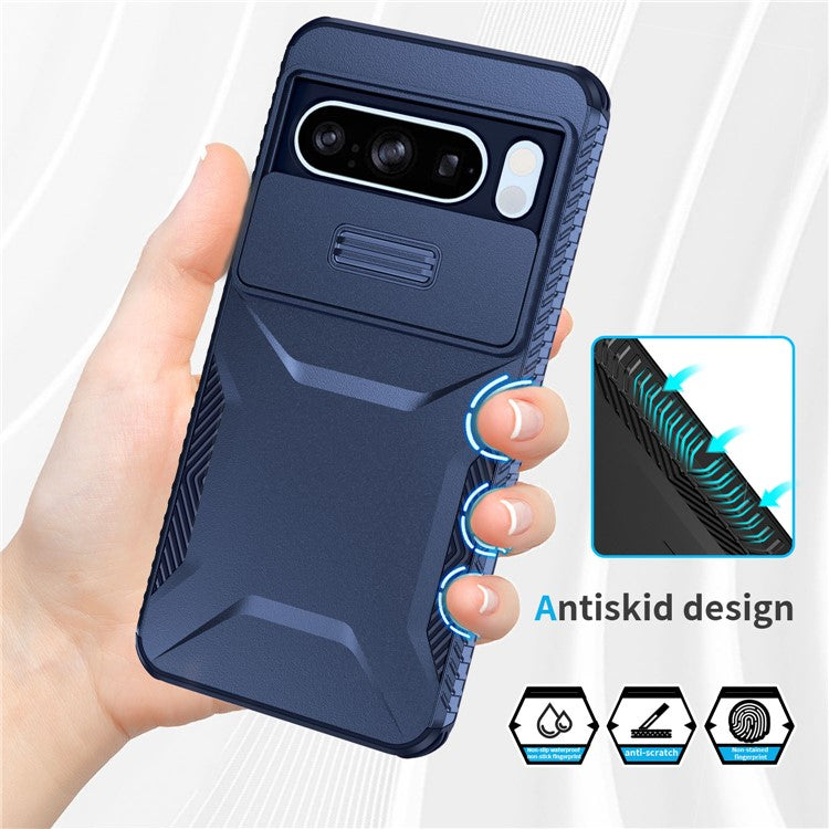 For Google Pixel 8 Pro Phone Case TPU+PC Non-Slip Side Edge Phone Cover with Lens Lid - Blue